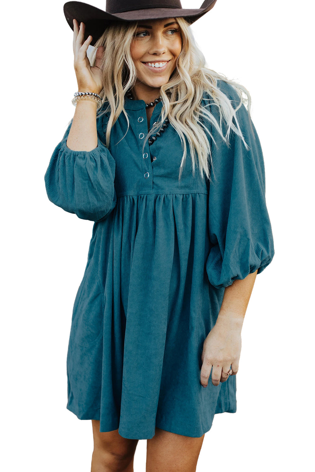 Light Blue Snap Button Empire Waist Lantern Sleeve Corduroy Dress