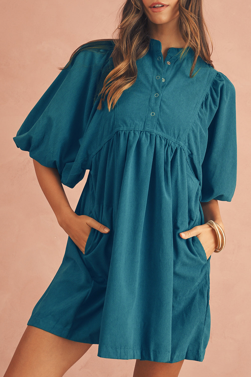 Light Blue Snap Button Empire Waist Lantern Sleeve Corduroy Dress