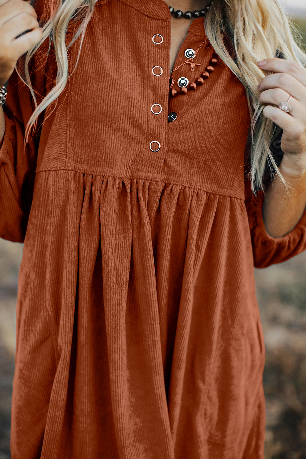 Light Blue Snap Button Empire Waist Lantern Sleeve Corduroy Dress