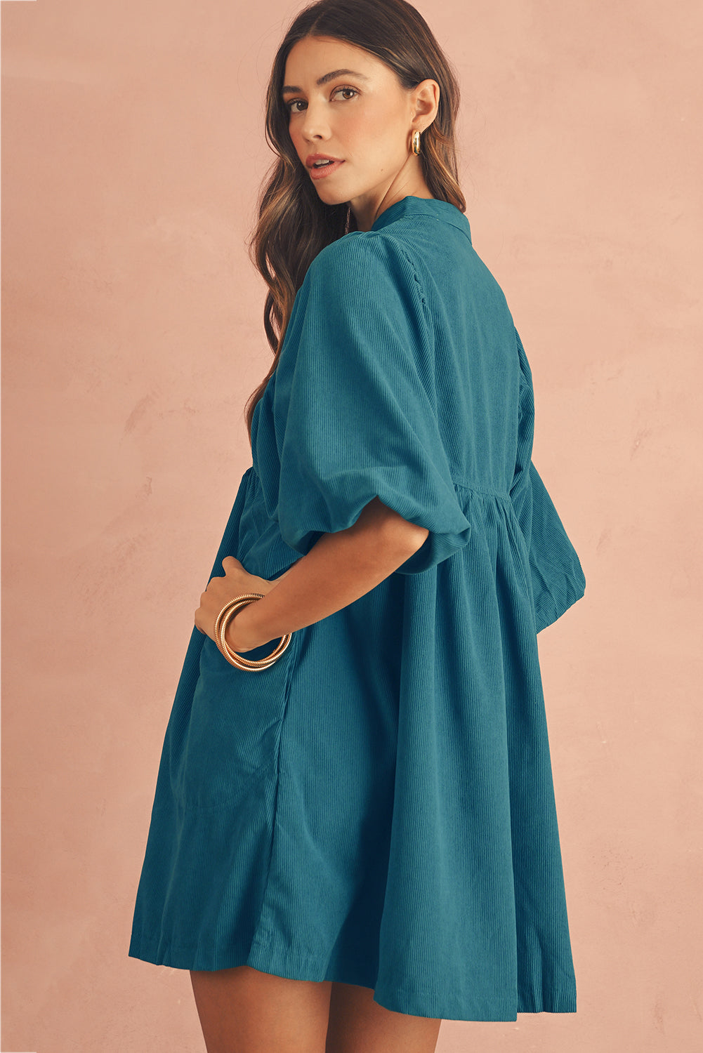 Light Blue Snap Button Empire Waist Lantern Sleeve Corduroy Dress