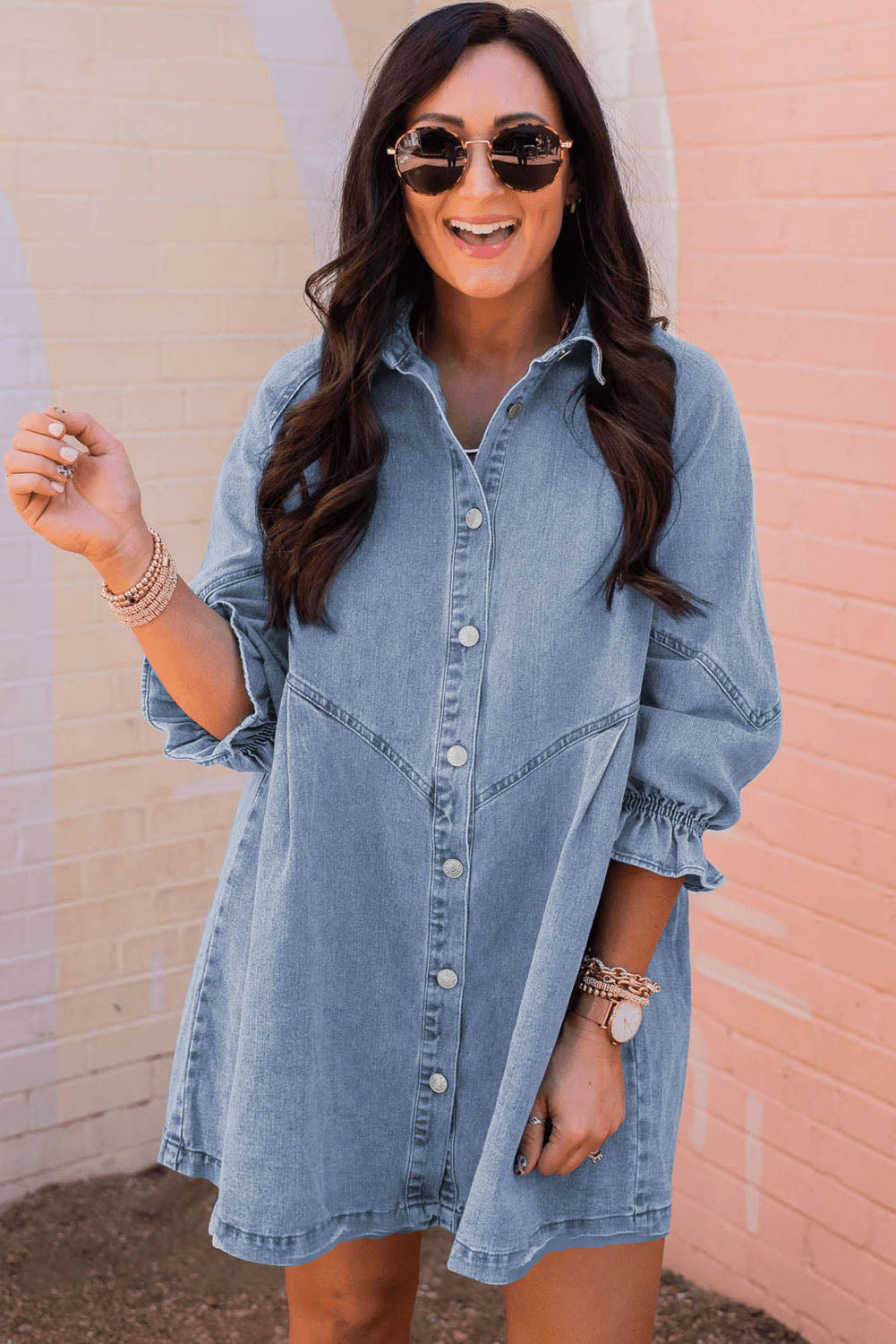 Light Blue Casual Buttoned Ruffle Denim Short Dress