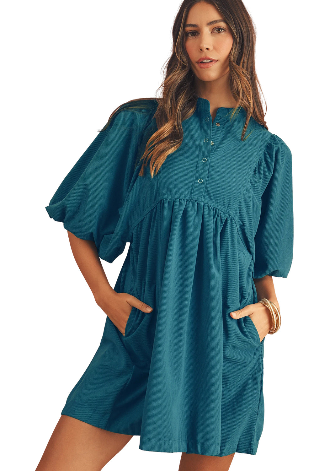 Light Blue Snap Button Empire Waist Lantern Sleeve Corduroy Dress