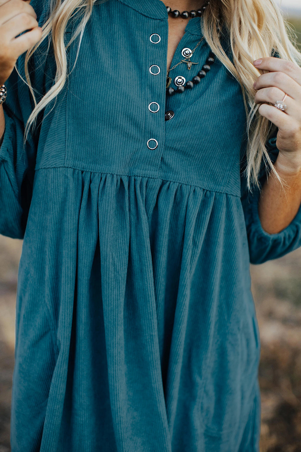 Light Blue Snap Button Empire Waist Lantern Sleeve Corduroy Dress