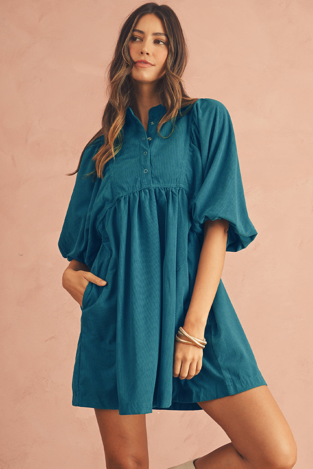 Light Blue Snap Button Empire Waist Lantern Sleeve Corduroy Dress