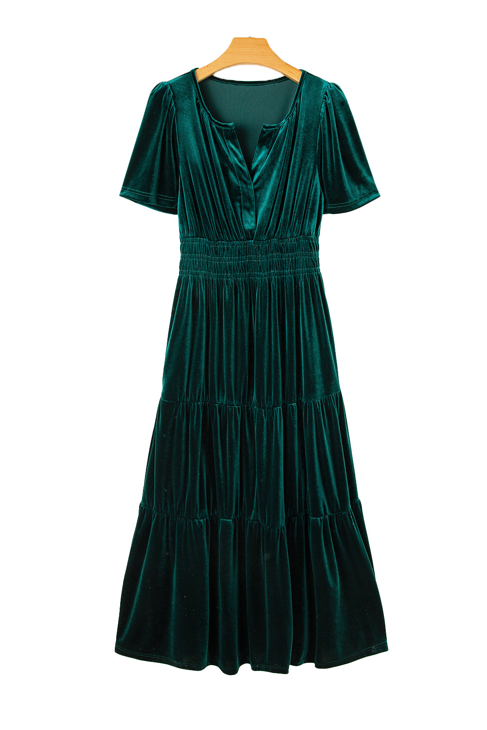 Prussian Blue Velvet Short Sleeve Shirred Waist Tiered Maxi Dress