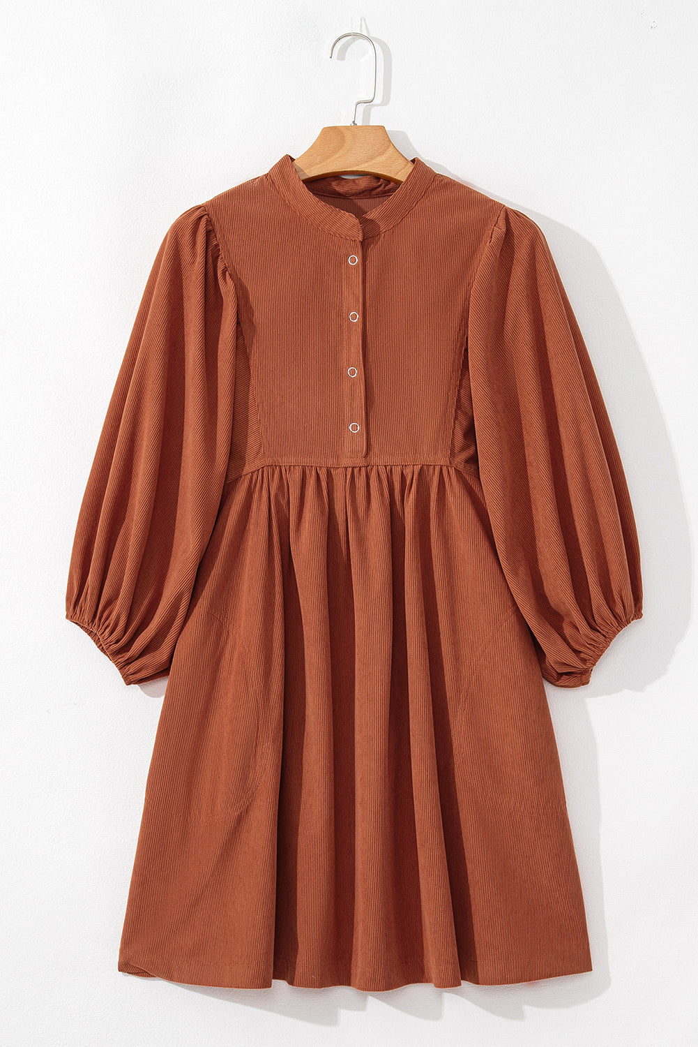 Light Blue Snap Button Empire Waist Lantern Sleeve Corduroy Dress