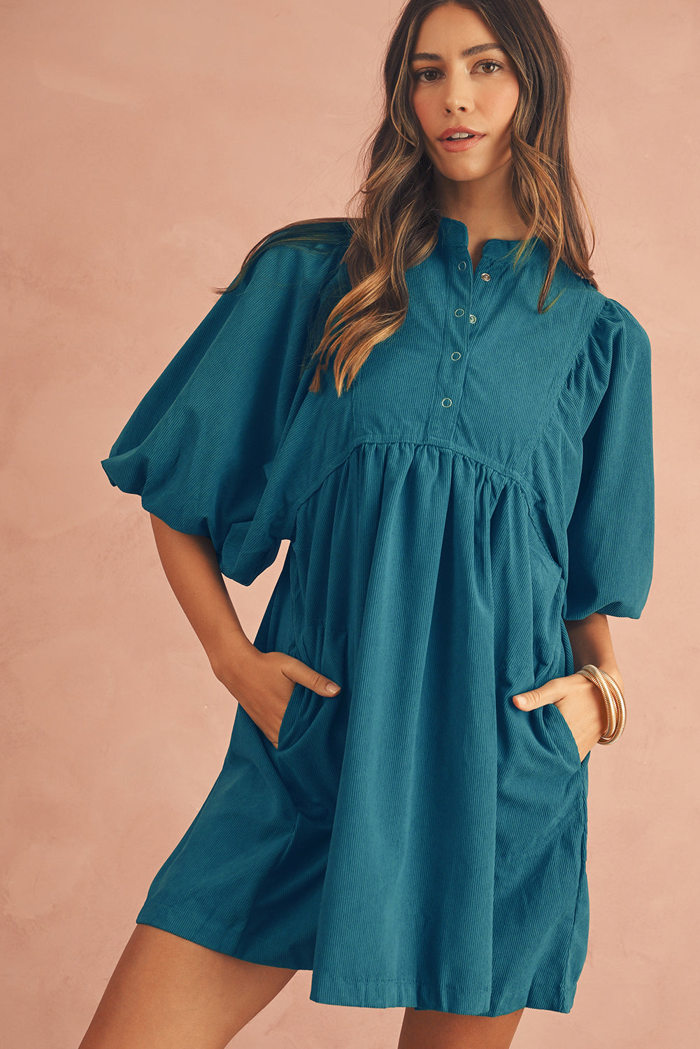 Light Blue Snap Button Empire Waist Lantern Sleeve Corduroy Dress