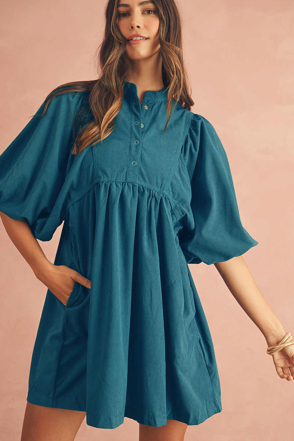 Light Blue Snap Button Empire Waist Lantern Sleeve Corduroy Dress